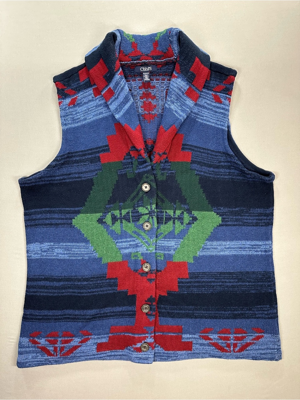 Chaps Knit Sweater Vest, Southwest Motif, Shawl Collar, Button-Up - Fits 1X-2X